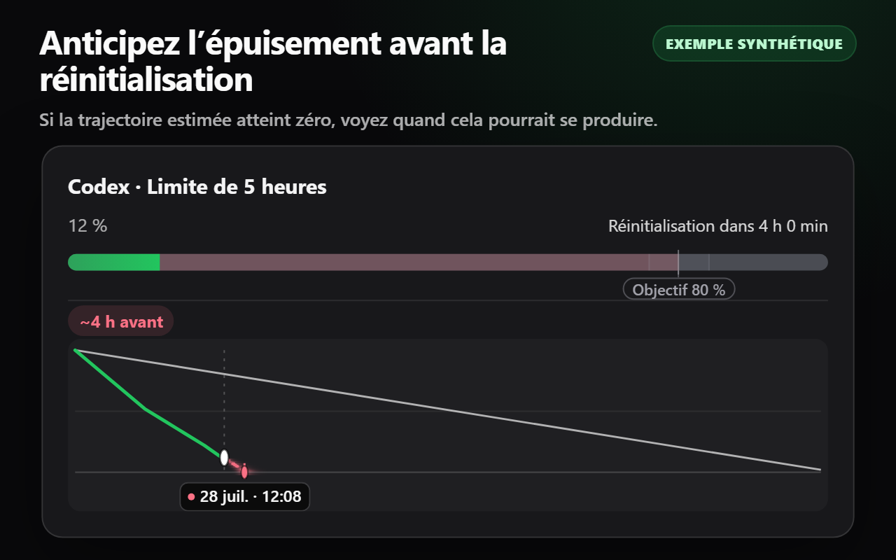 État synthétique d’épuisement anticipé montrant une projection qui se termine avant la réinitialisation