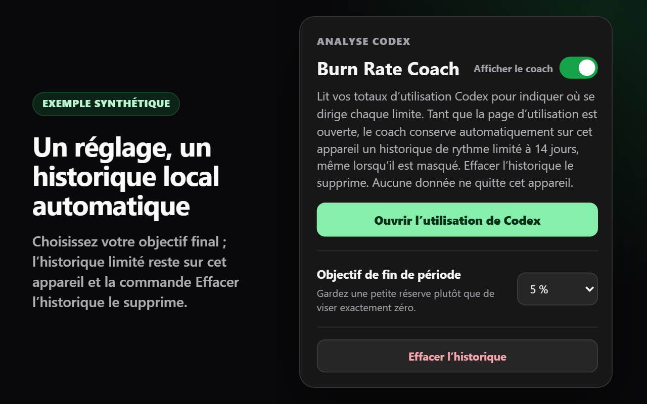 Fenêtre de Burn Rate Coach avec un seul objectif et un historique local automatique