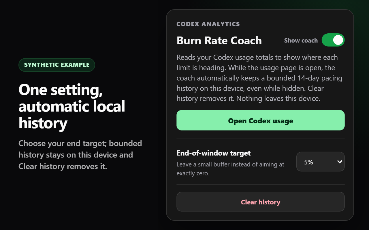 Burn Rate Coach popup with one target setting and automatic local history