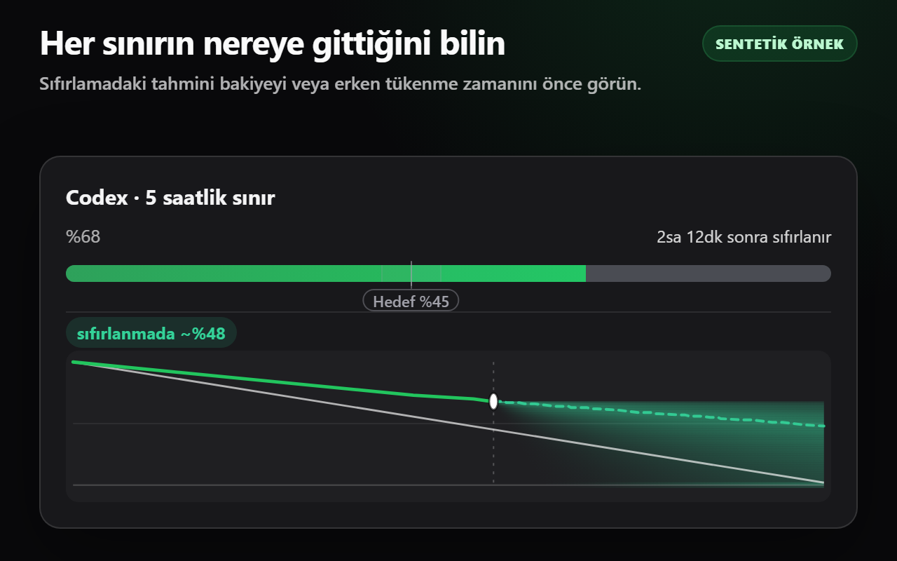 Sıfırlamadaki tahmini bakiyeyi gösteren koyu temalı sentetik Codex kota kartı