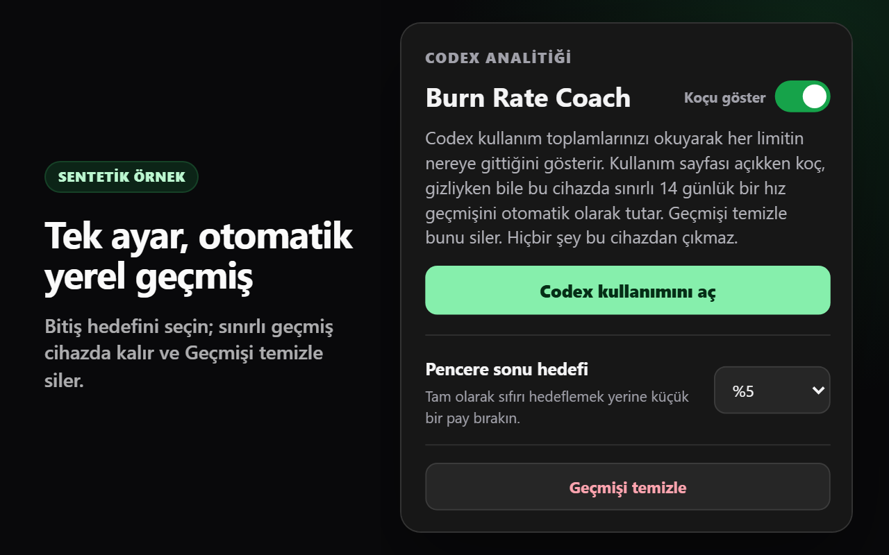 Tek hedef ayarı ve otomatik yerel geçmiş içeren Burn Rate Coach açılır penceresi